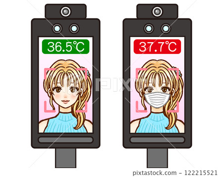 Illustration material of an adult woman taking a temperature check with a facial recognition thermometer 2 122215521