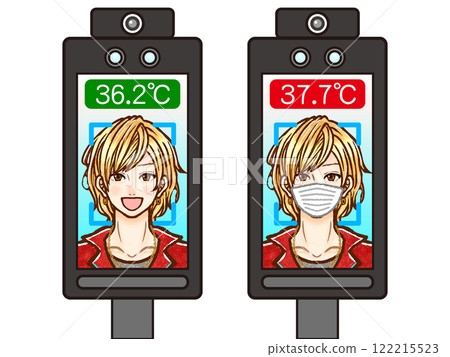 Illustration material of an adult man taking a temperature check with a facial recognition thermometer Illustration material of an adult man taking a temperature check with a facial recognition thermometer 122215523
