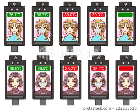 Illustration material set of adult women taking temperature checks with face recognition thermometer Illustration material set of adult women taking temperature checks with face recognition thermometer 122215526