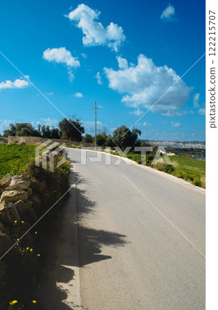 Sunny Road with Green Fields and Open Blue Skies 122215707