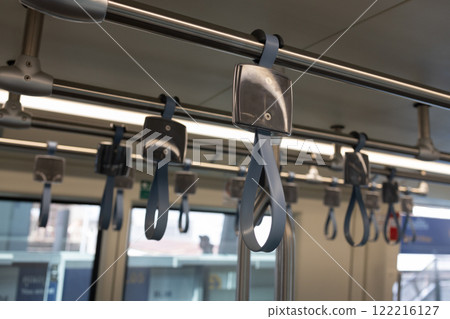Handrail metro train. Transportation passenger inside grip straps train. 122216127
