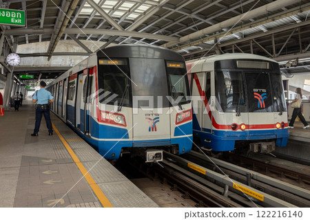 Bangkok, Thailand. January 21, 2025 : Mass Transit System, commonly known as BTS Skytrain. Railroad platform. 122216140