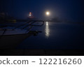 Boat on the water. Night shooting. Moon reflected in the water 122216260