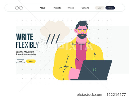 Writing people, modern flat vector concept illustration- sitting man thoughtfully writing on laptop, bubble near head Metaphor for reflection, personal insight, contemplation, creative expression 122216277
