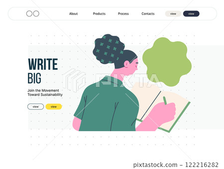 Writing people, modern flat vector concept illustration- sitting woman thoughtfully writing on notebook, bubble near head Metaphor for reflection, personal insight, contemplation, creative expression 122216282