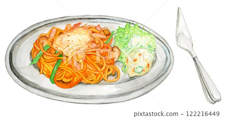 Hand-drawn watercolor illustration of Neapolitan pasta served on a plate 122216449