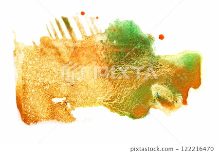 A vibrant splash of orange and green watercolor blending seamlessly on textured paper, showcasing the dynamic beauty of abstract art during the creative process A vibrant splash of orange and green watercolor blending seamlessly on textured paper, showcasing the dynamic beauty of abstract art during the creative process 122216470