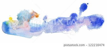 A vibrant watercolor abstract showcasing flowing hues of blue, orange, and yellow evoking a serene oceanic landscape during a tranquil sunset A vibrant watercolor abstract showcasing flowing hues of blue, orange, and yellow evoking a serene oceanic landscape during a tranquil sunset 122216474