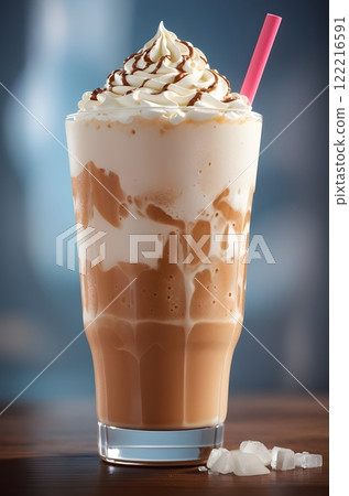An attractive and tasty coffee drink with a straw and several layers 122216591