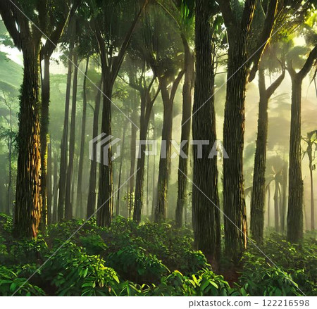 Dense sunlit forest with tall trees and lush green underbrush in a misty natural landscape 122216598