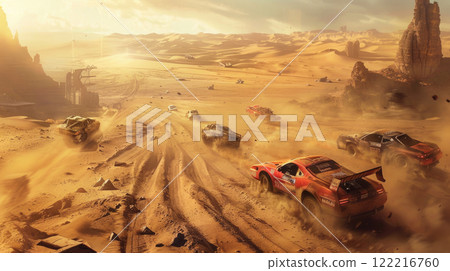 Old car run in desert at post apocalypses, view of vintage vehicles like futuristic movie. Concept of dystopia, race, sport, technology and apocalyptic future. 122216760