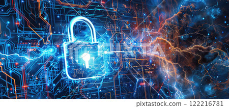 Digital lock with lightning in cyber space, abstract data background, secure computer information. Theme of padlock, protection, privacy, technology, security, art. 122216781