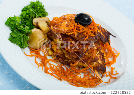 Vegetarian breakfast, fried carrot patties 122218522