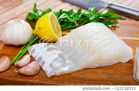 Raw pink cusk-eel fish fillet, seafood ingredients Raw pink cusk-eel fish fillet, seafood ingredients 122218533