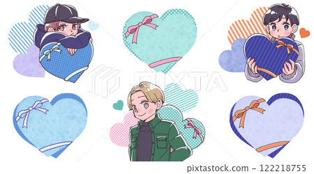 Illustration set of a boy holding a big heart and a heart with a ribbon 122218755