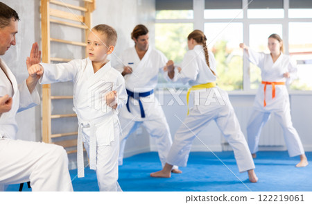Boy at group training in gym practice karate punch block technique with trainer Boy at group training in gym practice karate punch block technique with trainer 122219061