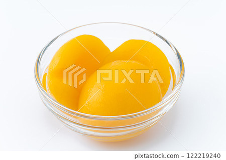 Canned yellow peaches in a glass container 122219240