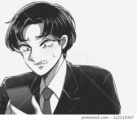 Black and white cartoon illustration: A man in a suit who becomes anxious while looking at his smartphone Black and white cartoon illustration: A man in a suit who becomes anxious while looking at his smartphone 122219367