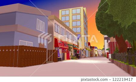 這是一張背景圖片，從公園的一角展示了一條購物街，非常適合 2D 動畫（黃昏版本） 122219417