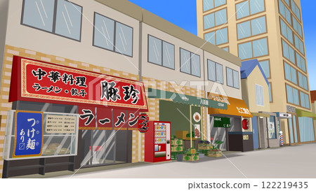 這是俯瞰以拉麵店為中心的購物街的背景圖像，非常適合 2D 動畫（藍天版） 122219435