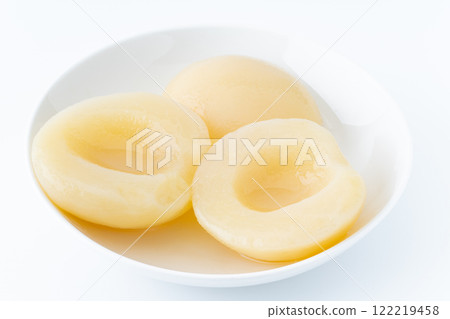 Canned peaches (white peaches) on a plate 122219458