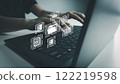 Document Management System, Officer using laptop manage files, Online document database management, automated processes to manage system, ERP enterprise efficient, business technology 122219598