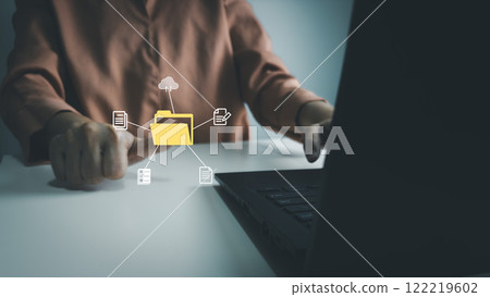 Document Management System, Officer using laptop manage files, Online document database management, automated processes to manage system, ERP enterprise efficient, business technology 122219602