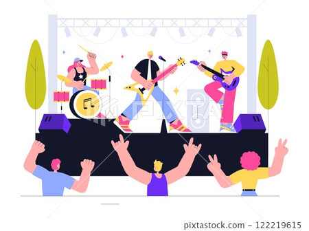 Music Concert Vector Illustration featuring an Artists Performance at a Live Music Event with Musical Instruments during a Summer Weekend Festival Music Concert Vector Illustration featuring an Artists Performance at a Live Music Event with Musical Instruments during a Summer Weekend Festival 122219615