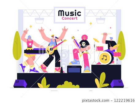 Music Concert Vector Illustration featuring an Artists Performance at a Live Music Event with Musical Instruments during a Summer Weekend Festival 122219616