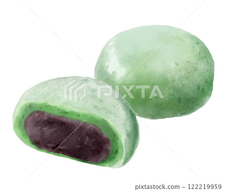 Simple watercolor illustration of mugwort mochi and kusamochi (cross section) 122219959