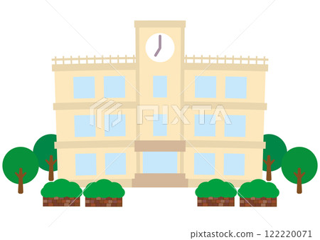 Vector illustration of a school building with hedges and flower beds 122220071
