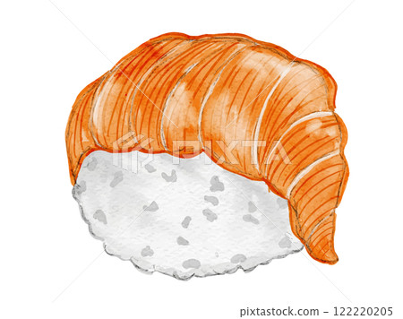 A stylish temari sushi ball drawn in a watercolor hand-drawn style. Salmon sushi illustration material 122220205
