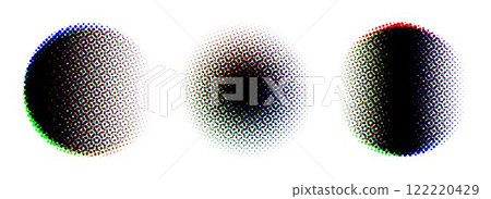 Round halftone gradient background set. RGB textured pixelated circle gradation. RGB color dotted fading shapes. Grunge ink press splash stains and blots. Print production raster glitch. Vector Round halftone gradient background set. RGB textured pixelated circle gradation. RGB color dotted fading shapes. Grunge ink press splash stains and blots. Print production raster glitch. Vector 122220429