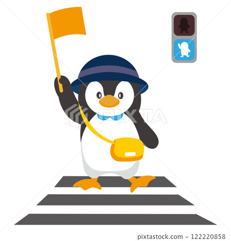Illustration of a kindergarten penguin crossing the street with a yellow flag Illustration of a kindergarten penguin crossing the street with a yellow flag 122220858