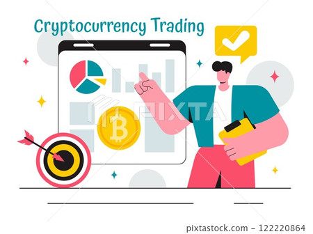 Cryptocurrency Trading Vector Illustration featuring a Pile of Coins, a Digital Currency Wallet, Blockchain Technology, and Bitcoin in a Background 122220864