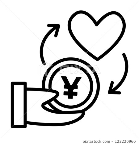 An icon showing spending money on things you like. The yen coin has changed into a heart. 122220960