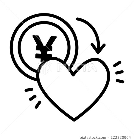 把錢花在你喜歡的事情上的圖像圖示。日元硬幣變成了一顆心。 122220964