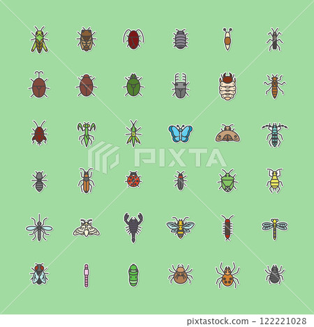 Sticker-style mini insect illustration icon set Sticker-style mini insect illustration icon set 122221028