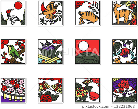 Square sticker Hanafuda icon set (no background) 122221068