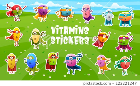 Stickers pack of superhero vitamin and micronutrient characters. Food supplement dragee hero cartoon vector comical personage, defender vitamin tablet or micronutrient pills character stickers set 122221247