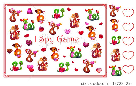 I spy game worksheet with Valentine day snakes and hearts, vector puzzle quiz. Kids I spy game to find and match same picture of cartoon snake couple with love hearts and wedding rings or gifts 122221253