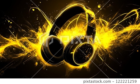 Bold music headphones create a striking visual with vibrant yellow effects against a dark background 122221259