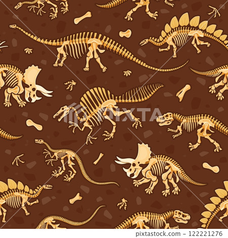 Prehistoric dinosaur fossils seamless pattern. Dino skeletons, bones and skulls vector background. Cartoon tyrannosaurus, triceratops, stegosaurus, velociraptor and spinosaurus dinosaur fossil pattern Prehistoric dinosaur fossils seamless pattern. Dino skeletons, bones and skulls vector background. Cartoon tyrannosaurus, triceratops, stegosaurus, velociraptor and spinosaurus dinosaur fossil pattern 122221276