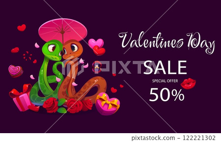 Valentine Day sale banner and discount special offer promotion poster with cartoon snakes couple characters, love holiday gifts, flowers, hearts. Vector banner of Valentine Day sale with love reptiles 122221302