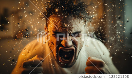 Intense expression of anger and frustration captured in a dramatic setting Intense expression of anger and frustration captured in a dramatic setting 122221308