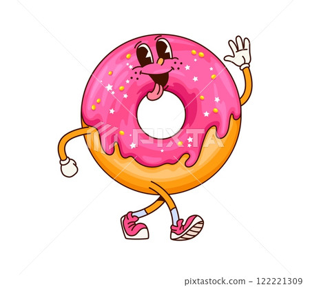 Groovy cartoon donut dessert funny character. Takeaway pastry meal funny mascot, cafe dessert or restaurant sweet donut with pink icing happy groovy isolated vector personage walking and waving hand Groovy cartoon donut dessert funny character. Takeaway pastry meal funny mascot, cafe dessert or restaurant sweet donut with pink icing happy groovy isolated vector personage walking and waving hand 122221309
