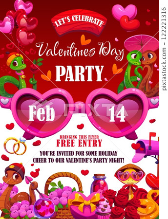 Valentines day party flyer with heart sunglasses, cartoon snakes, roses, gift boxes, rings and romantic decorations. Vector festive background promoting love and celebration with balloons and hearts 122221316