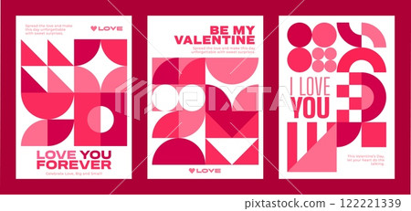 Valentines day posters with geometric shapes. Holiday banners with abstract pattern, hearts and romantic phrases like love you forever, I love you, and be my valentine. Vector cards for greetings 122221339