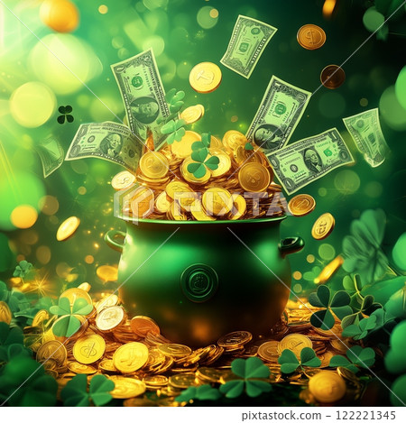 Brightly shining pot of gold overflowing with coins and bills surrounded by shamrocks 122221345