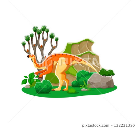 Probactosaurus prehistoric dinosaur cartoon character. Isolated vector herbivore reptile animal in natural landscape with plants, tree and rock. Early Cretaceous era lizard of Hadrosauroidea family Probactosaurus prehistoric dinosaur cartoon character. Isolated vector herbivore reptile animal in natural landscape with plants, tree and rock. Early Cretaceous era lizard of Hadrosauroidea family 122221350